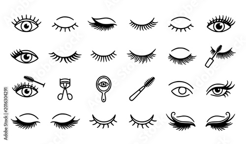Schilderij op canvas Black eyelash and eye outline icon collection with elegant beauty salon vector s