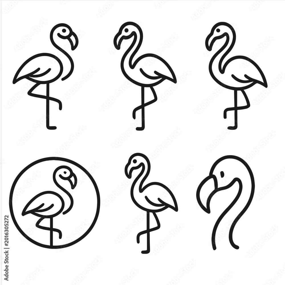 Obraz premium Minimalist flamingo icons set on gray background for design projects