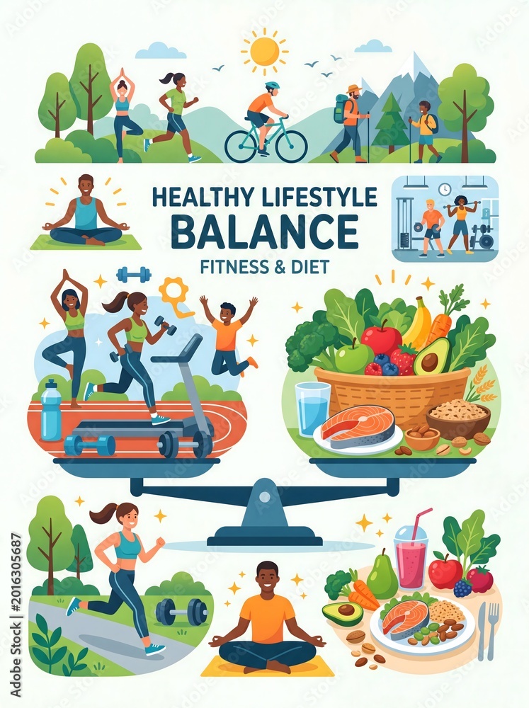 Fototapeta premium Healthy lifestyle balance illustration with fitness and nutrition