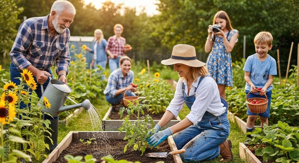 Obraz premium A multigenerational family enjoys gardening together in a sunny backyard. An elderly man waters plants with a watering can, while a woman plants seedlings in a raised garden bed.