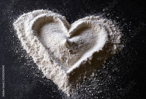 Heart shaped flour on black background
