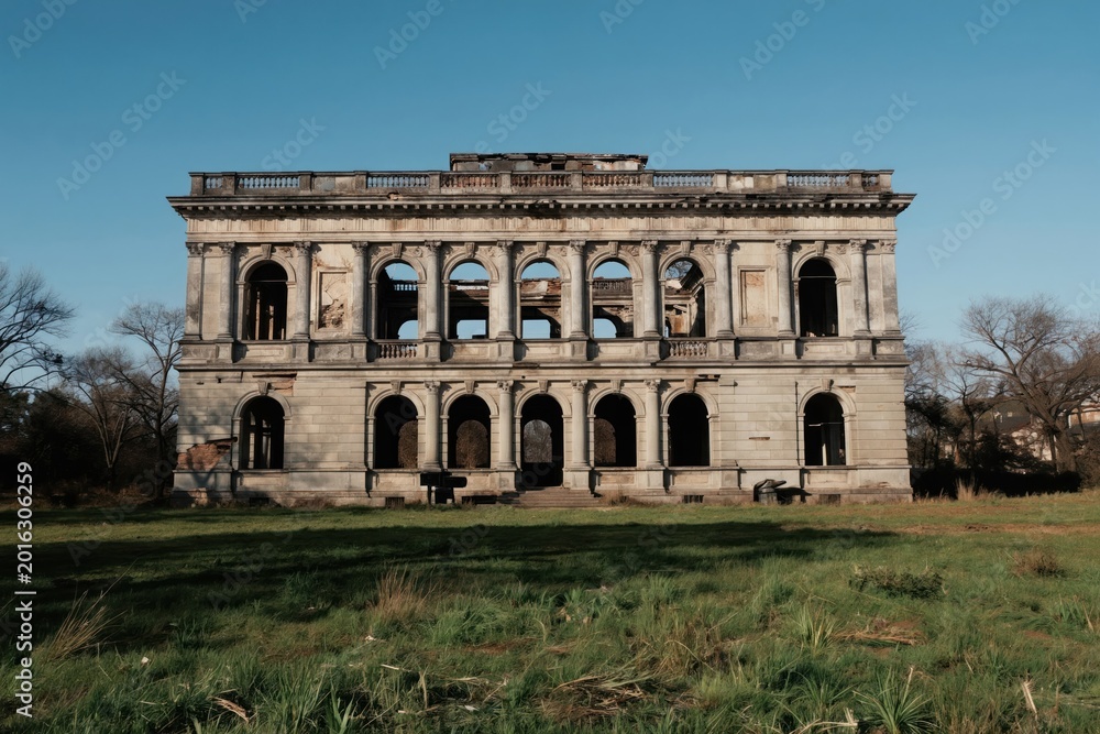 Fototapeta premium Old abandoned stone mansion exterior stands in overgrown grass field. Empty windows, crumbling facade, broken architecture, clear blue sky background. Historic house.