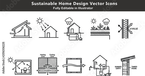 Vászonkép Passive architecture vector icons set, solar orientation, ventilation flow, gree