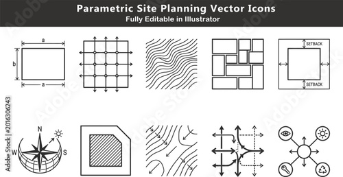 Canvastavla Parametric site planning vector icons set, zoning grids, contour mesh, land divi