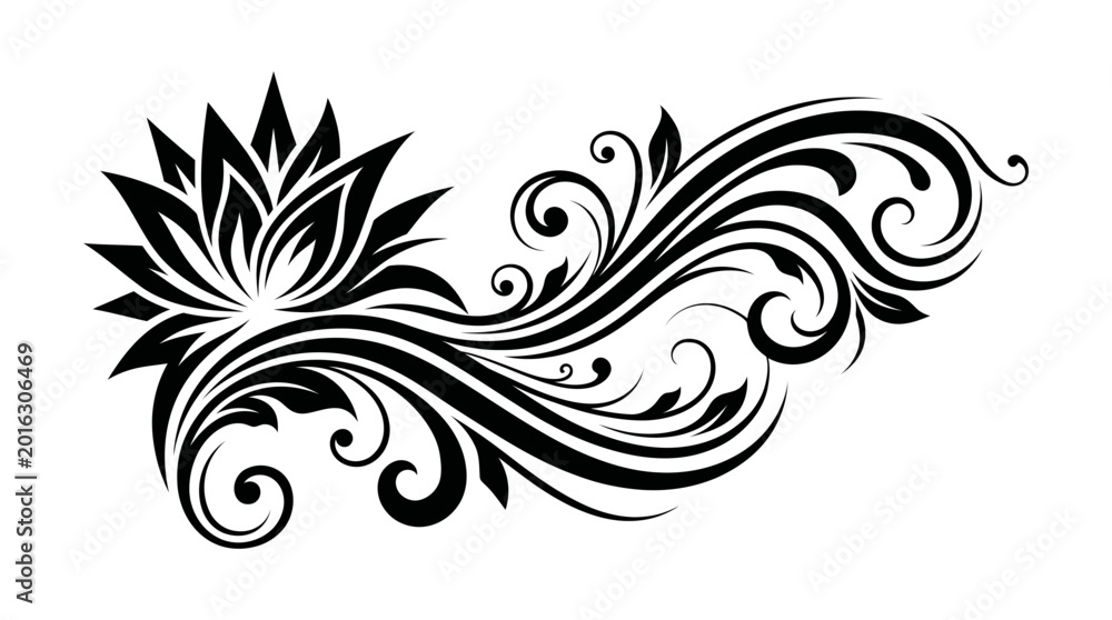 Fototapeta premium Black Lotus Flower Swirls Vector Design Element