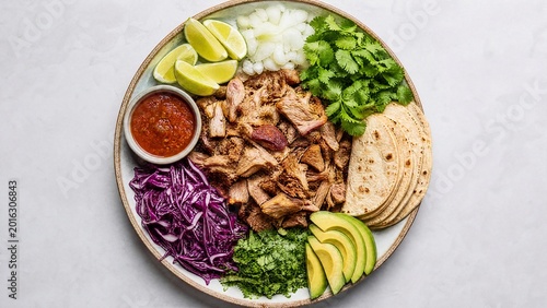 carnitas. Colorful Mexican taco ingredients arranged in a circle, fresh and appetizing for a culinary delight. menu design.
