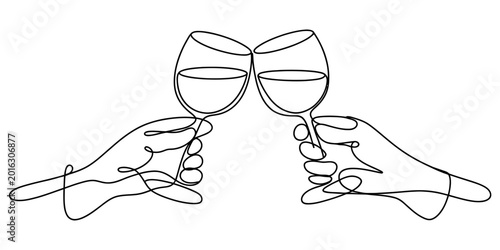 Continuous one line drawing of two hands holding wine glasses cheering together for a celebration Vector, illustration
