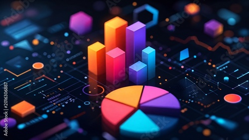 analytics. Abstract data visualization with colorful geometric shapes on a dark modern background. product launch decks, UI/UX mockups, designed for data visualization dashboards and holographic UIs.