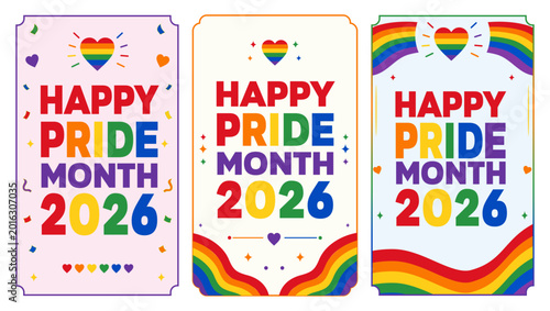 Set of three modern Pride Month 2026 banners with rainbow hearts, wavy stripes, and confetti elements on white and pink backgrounds.