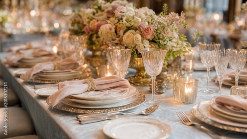 diffused. Elegant table setting with floral arrangements and fine china for special occasion. menu design, packaging mockups, designed for culinary blogs and recipe cards for restaurants.