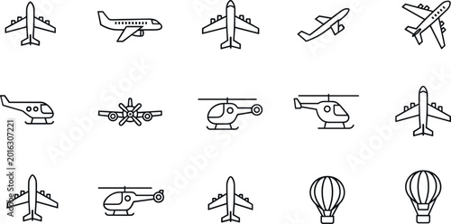 Fotografie Aircraft outline icon collection with airplanes helicopters and hot air balloons