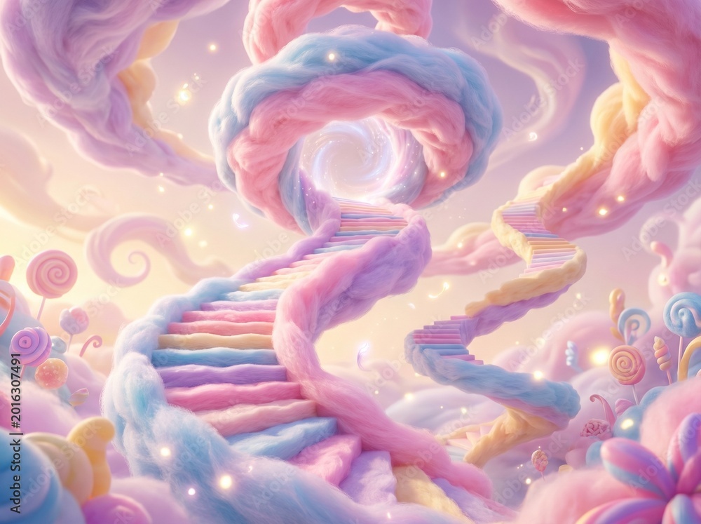 Obraz premium Vibrant DNA helix made of candy twists through colorful fantasy landscape with swirly clouds and sparkling lights in sweet scenery.