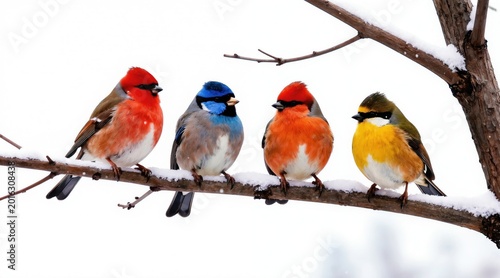 Four small colorful birds sit on a snow covered tree branch in winter. Red blue yellow birds gather together on branch. Tiny wild birds rest on wintry tree, snow falls gently.
