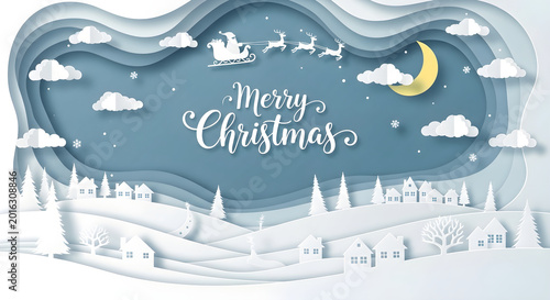 Festive christmas scene with santa's sleigh paper cut style holiday illustration