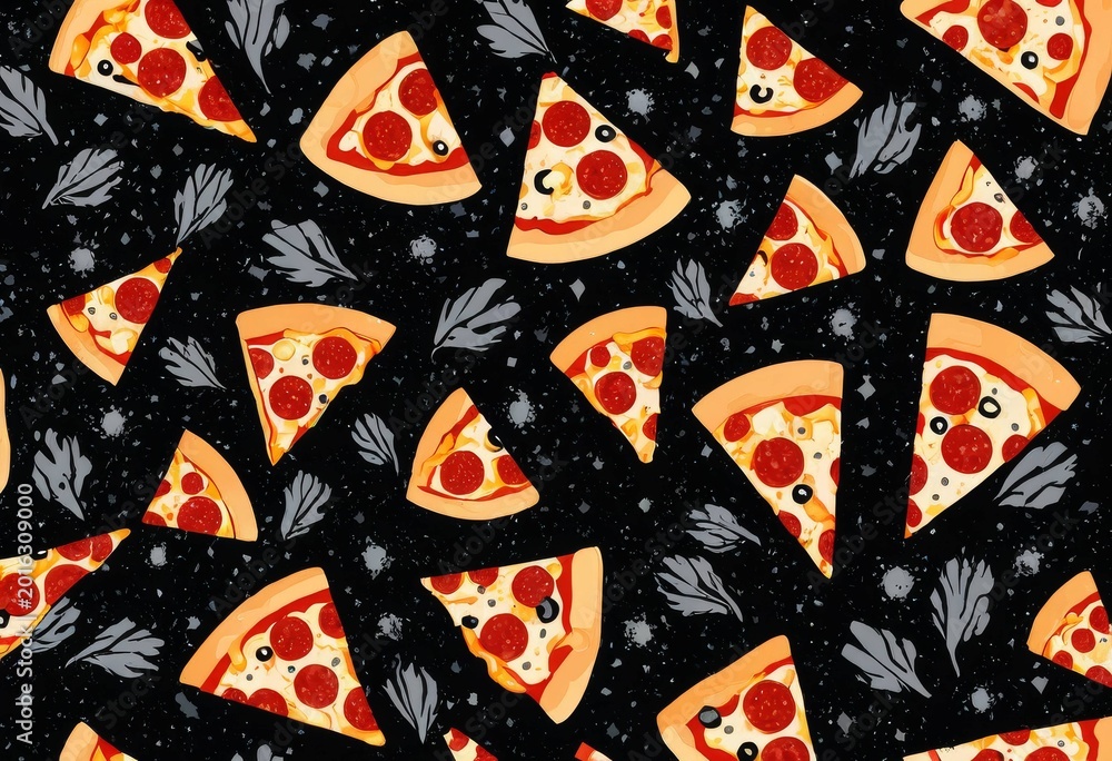 Naklejka premium Seamless pattern of pizza slices scattered on a black background