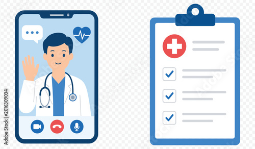 Flat design telemedicine vector illustration featuring a young East Asian male doctor on a smartphone screen and a medical clipboard for digital healthcare services