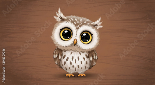 Cute cartoon owl standing and looking forward with big eyes on a yellow background

