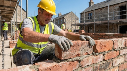 Male construction worker in yellow hard hat and safety vest laying bricks on a building site with scaffolding and residential structures in the background