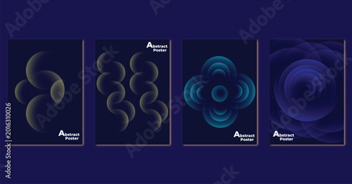 Bild auf Leinwand Set of four abstract posters with glowing blue and yellow circles, luminous geometric covers, glowing rings, dark blue background