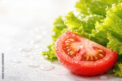 Fresh tomato slice with water droplets on green lettuce leaves against a bright background with copy space.