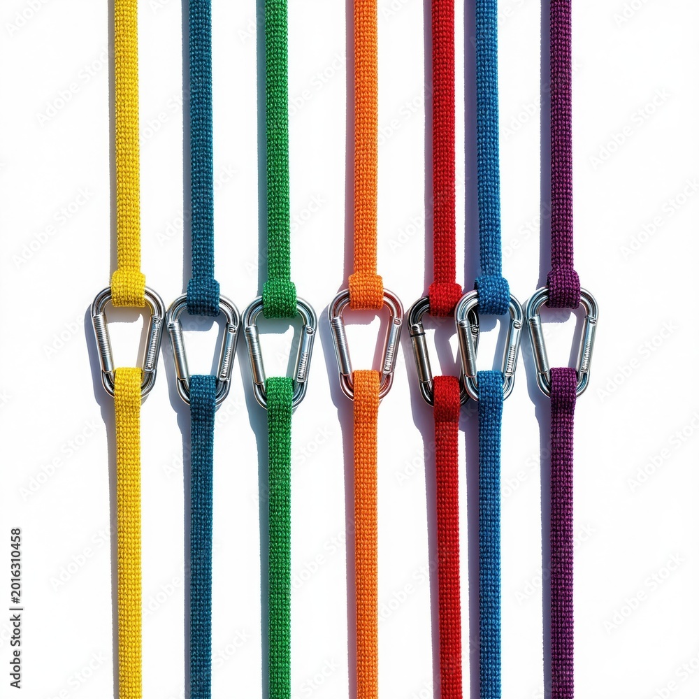 Naklejka premium Seven colorful climbing ropes with carabiners arranged vertically against a white background. Each rope has a unique vibrant hue. Metal snap hooks connect to loops on the cords.