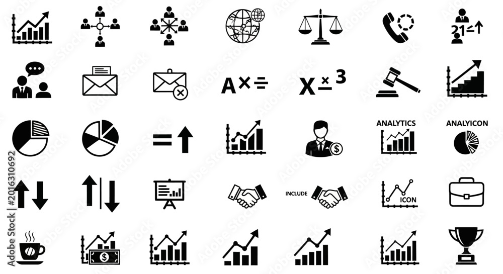 Fototapeta premium Business and finance icons set including charts graphs and communication symbols high quality professional
