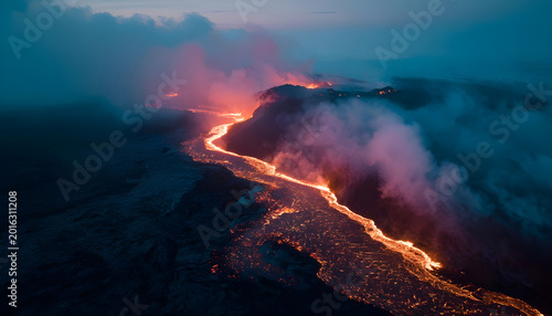Molten lava river flows down volcano, glowing orange channel carves rocky slope, ember shower and smoke plume rise into dusk sky aerial cinematic framing