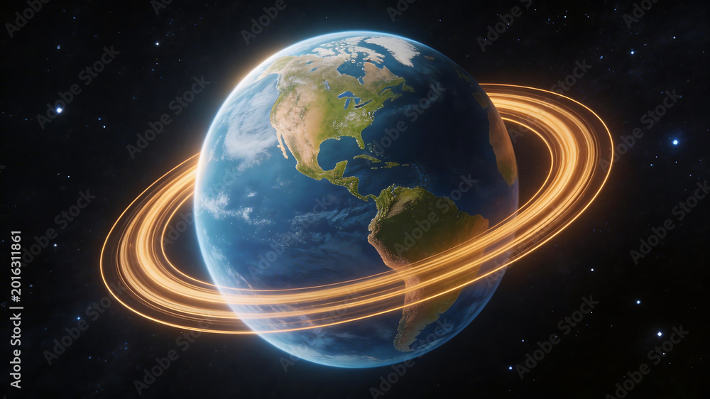 Fototapeta premium Earth with glowing rings in space highlighting environmental conservation and serenity
