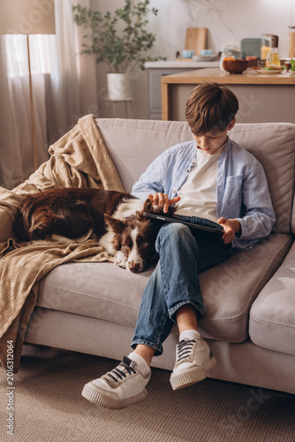 Photography Child boy studying on digital tablet with dog nearby