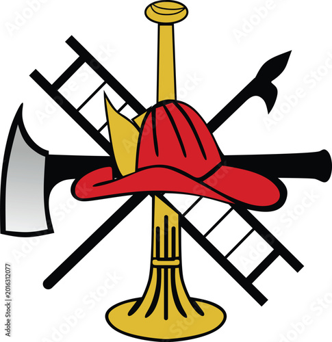 Firefighter Emblem Vector. Fireman Helmet with Axe, Ladder and Bugle Symbol.eps
