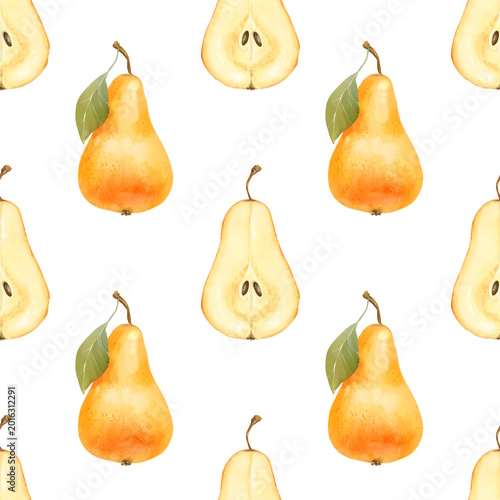 Canvas Print Hand-drawn illustration of a seamless pattern with whole and halved yellow pears, and scattered leaves on a white background