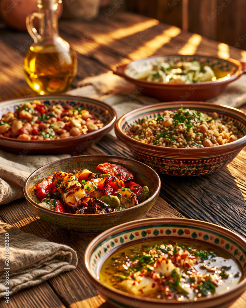 Fototapeta premium Rustic table with healthy Spanish DASH dishes and olive oil showcasing Mediterranean wellness cuisine and heart healthy dining concept