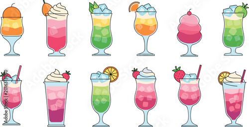 Schilderij op canvas Colorful cocktail and smoothie glass collection with fruit garnishes and ice for