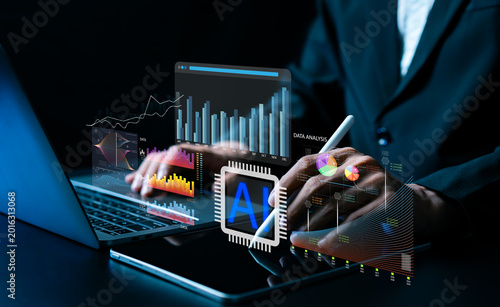 Slika na platnu Businessman using AI technology for financial data analysis, business information management, digital finance charts, analytics dashboard and smart business strategy concept