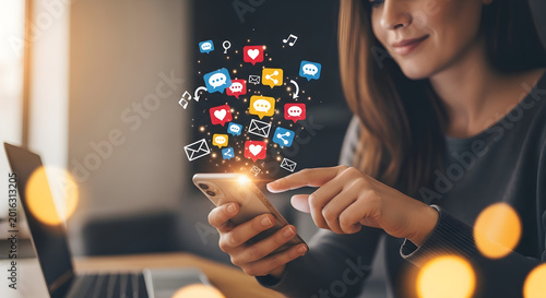 Woman using smartphone with social media icons floating above screen in warm home office