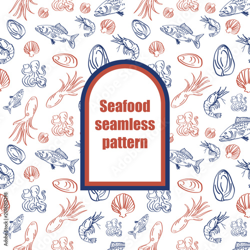 Hand Drawn Seafood Seamless Pattern with Fish Shrimp and Octopus Illustration