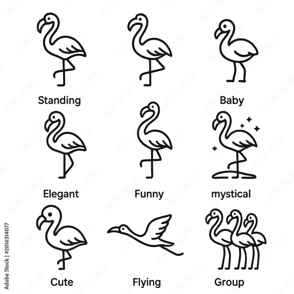 Fototapeta premium Minimal flamingo line icons: standing, baby, elegant, funny, mystical designs