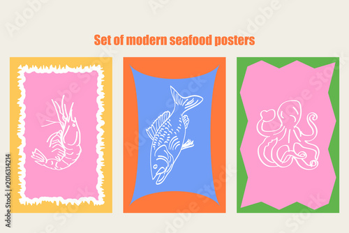 Modern Seafood Poster Set with Hand Drawn Shrimp Fish and Octopus Vector Illustration