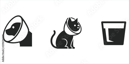 Foto Black icons of a dog and cat wearing Elizabethan collars and a glass of liquid a