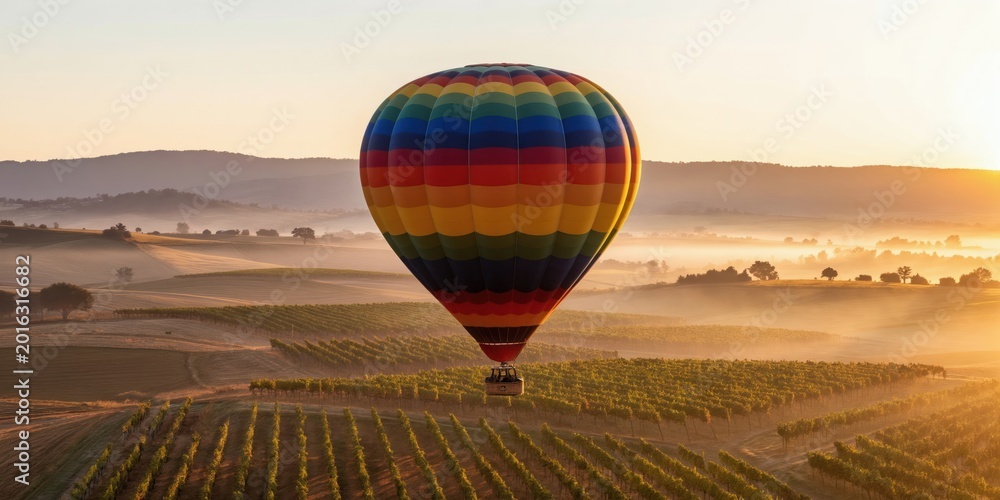 Obraz premium Hot air balloon floats over vineyard fields at sunrise. Colorful balloon rises above hazy landscape with rolling hills. Scenic dawn flight over wine estate.