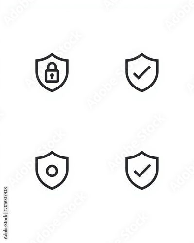 Security shield icons with padlock checkmark and circle symbols on a white background