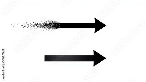 Black arrow silhouettes with dissolving particles and solid form on a white background