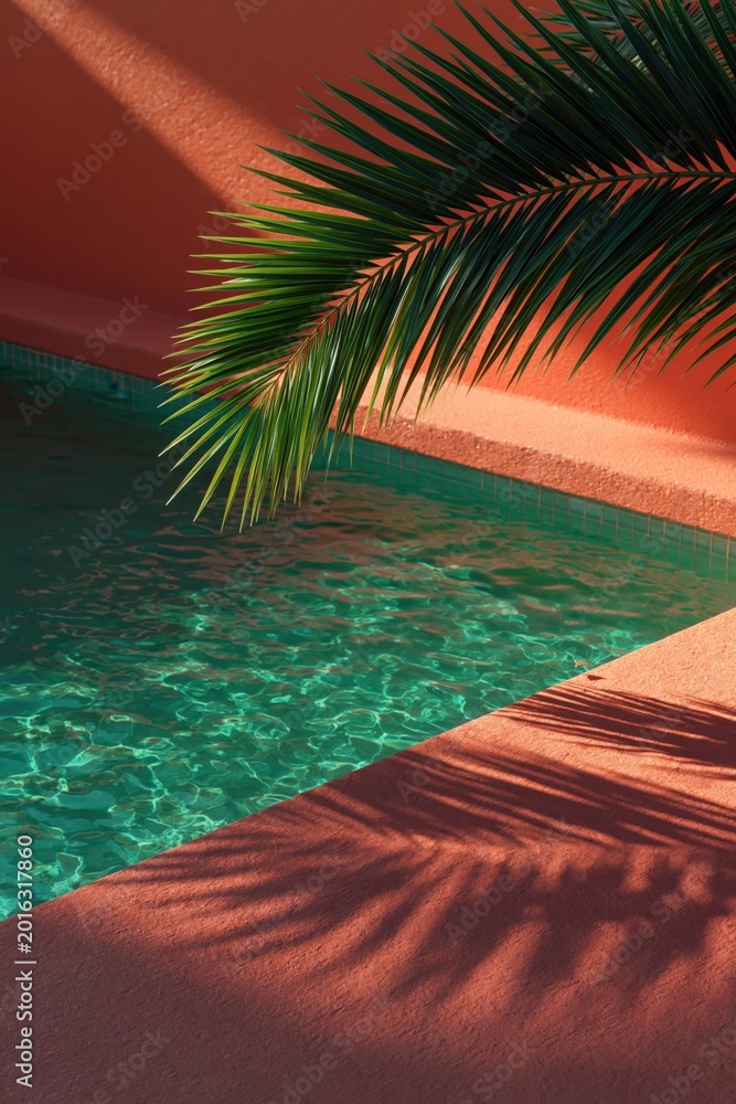 Obraz premium Palm frond casting shadow over pool corner with coral wall