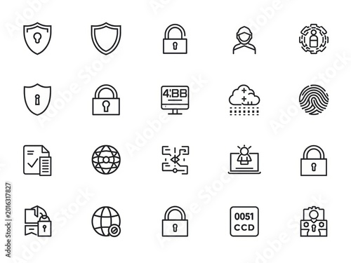 Security icons set black line style on a white background for data protection concepts