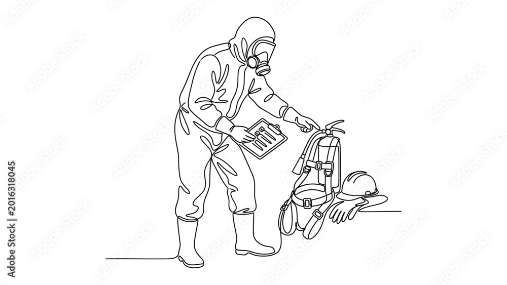 Obraz premium continuous line art man in protective suit with equipment.