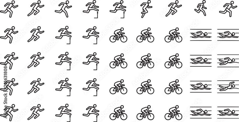 Fototapeta premium Dynamic vector illustrations showcase a variety of sports activities in motion. Depicting running, hurdles, cycling, and swimming, they embody energy and competitive spirit. 