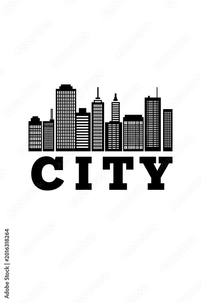Obraz premium City skyline silhouette with bold text on a white background high quality