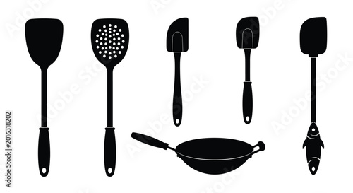 Tableau sur toile Kitchen utensils set including spatula and frying pan silhouette high quality