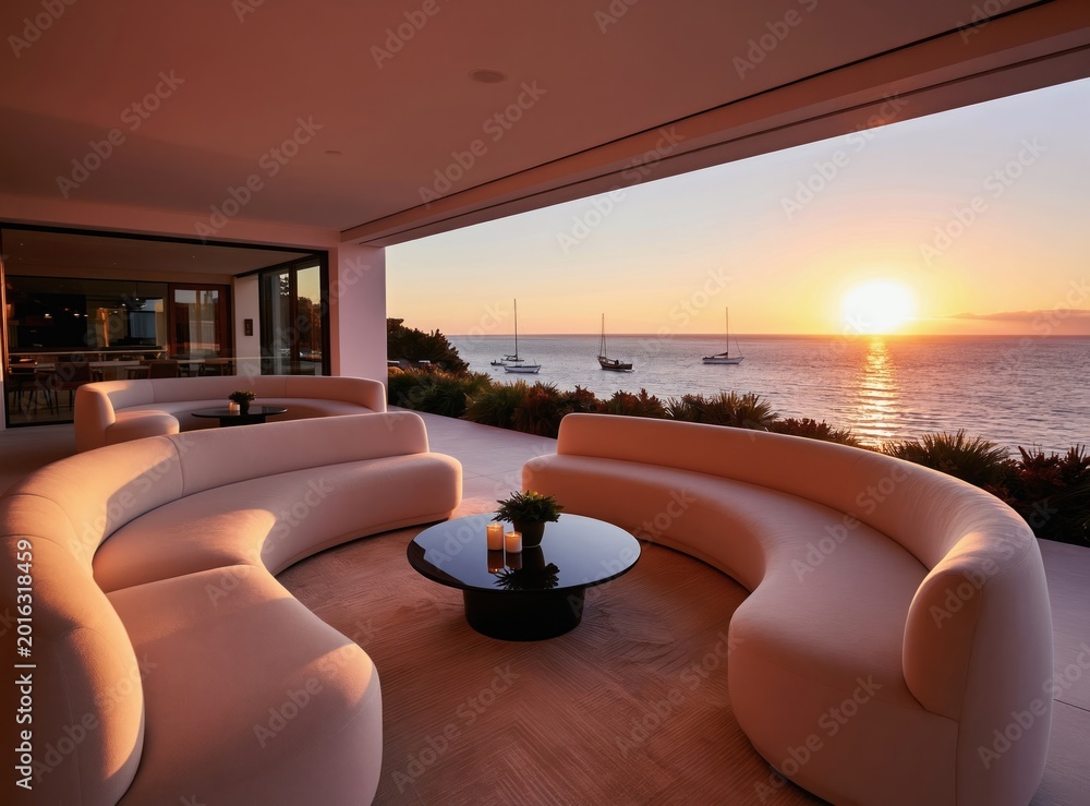 Fototapeta premium Curved sofas arrange on modern patio with ocean view at sunset. Yachts sail on calm sea water with warm golden sun light. Outdoor terrace offers relaxing seating area with stylish furniture.