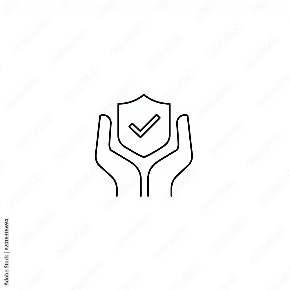 Obraz premium Hands protecting shield with checkmark icon line art style on a white background
